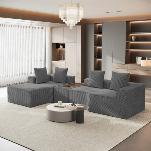 Corduroy Left L-Shaped Modular Sofa With Cup Holder, Grey