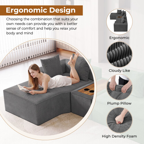 Corduroy Left L-Shaped Modular Sofa With Cup Holder, Grey 2