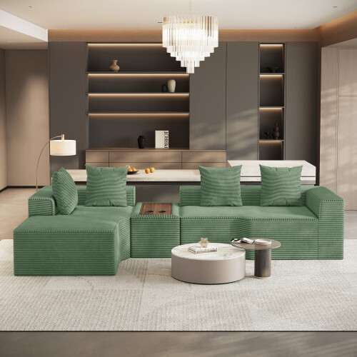 Corduroy Left L-Shaped Modular Sofa With Cup Holder, Green