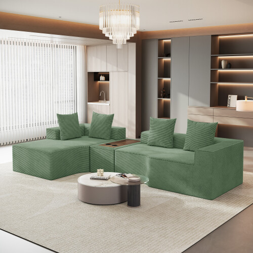 Corduroy Left L-Shaped Modular Sofa With Cup Holder, Green 1