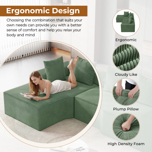 Corduroy Left L-Shaped Modular Sofa Green 2