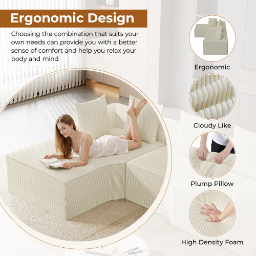 Corduroy Left L-Shaped Modular Sofa Beige 2