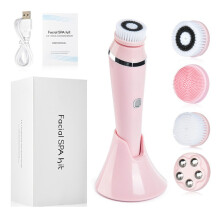 Elektrische Gesichtsreinigungsbürste mit 4 Aufsätzen, wiederaufladbar, wasserdicht, Tiefenreinigung und Peeling, Pink