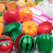 60 Pcs Cutting Play Food Toy for Kids Kitchen, Pretend Fruit & Vegetables Accessories with Shopping Basket, Plastic Mini Dishes, Educational Fake Frui
