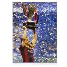 Xavi Signed Barcelona Football Photo: Trophy Lift
