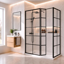 Purefino Grid Wet Room Shower Enclosure, 800 x 800mm, Hinged Return Panel, 8mm Glass, Black