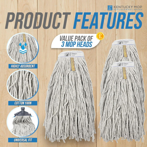 Kentucky Mop Heads 3 Pack 16oz Cotton Refills Set 2