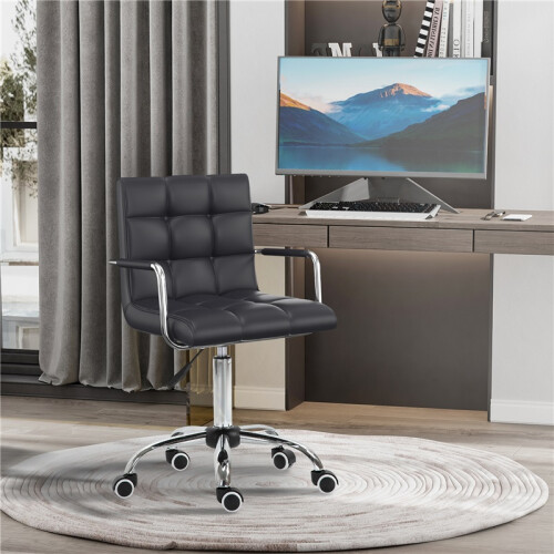 Makeup Vanity Chair, PU Leather Mid Back Office Chair with Adjustable Height, Armrest and Rolling Wheels, Black 2