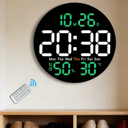 10'' Digital Wall Clock Remote Control Electronic Round Clock w/ Temperature