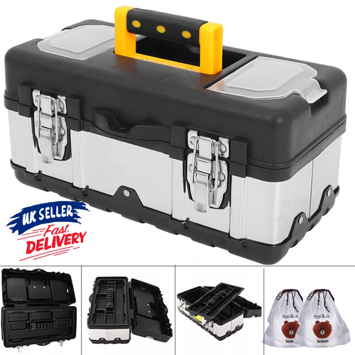 Heavy Duty PP+Stainless Steel Tool Box Chest Storage Case + Removable Tray Gift 1