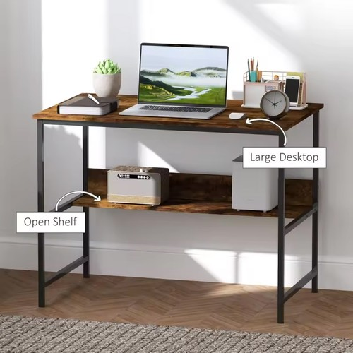 2-Tier Writing Computer Desk Metal Frame with Storage Shelf Rustic Brown Office 1