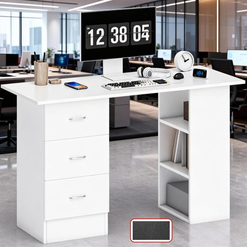 120CM Computer Desk Writing PC Table Workstation Laptop w/ 3 Shelf & Drawers UK 1