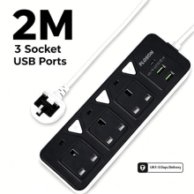 UK 3 Pin 2M Extension Lead Individual Switches USB Port Mains Extension Cable