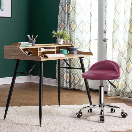Red PU Leather Rolling Gaming Chair Stool With Backrest