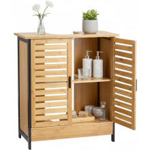 Bamboo Under Sink Bathroom Cabinet, Natural | Freestanding Wash Vanity with Sliding Slatted Doors & Storage Shelf
