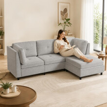 Grey 225cm L-Shaped Fabric Corner Sofa 3-4 Seater Living Room Sofa | Modern Sofa Couch, Grey Sectional Sofa with Footstool
