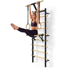 Wall Mounted Stall Bars Swedish Ladder with Pull Up Bar & Wooden Gymnastic Rings