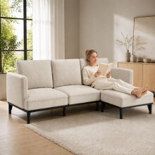 Corner Sofa L Shaped 3-Seater with Movable Ottoman, Beige | Neck Relax,Lumbar Support,Leg Support