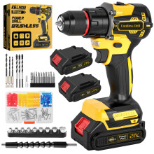 Brushless Cordless Hammer Drill Set, 21V Impact Drill Driver and Screwdriver Set with 2 Batteries, 25+3, 10mm Heave Duty DrillChuck, 2 Speed Power