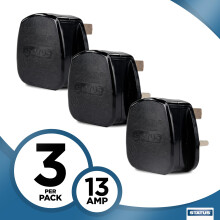 STATUS 13A 3‑Pin Black Electrical Plug Tops – Pack of 3, BS1363‑Compliant with Cord Grip, CE Certified & Recyclable, Ideal for Home or Office Us