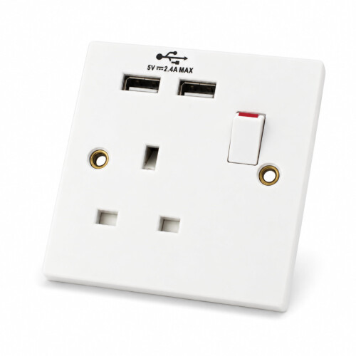 Status STATUS Plug Socket UK | Single Socket with Double USB Plug | White Plastic | 13A Single Switched Wall Socket | S1G13A2USBSWS4