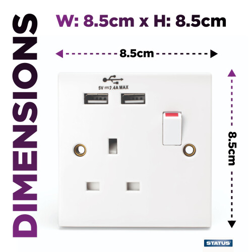 Status STATUS Plug Socket UK | Single Socket with Double USB Plug | White Plastic | 13A Single Switched Wall Socket | S1G13A2USBSWS4 1