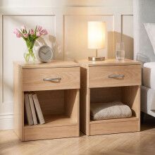 (Pine) Riano Bedside Table Set of 2, 1 Drawer Chest Nightstands with Open Shelf