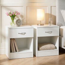(White) Riano Bedside Table Set of 2, 1 Drawer Chest Nightstands with Open Shelf