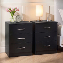 (Black) Riano Bedside Table Set of 2, 3 Drawer Chest Nightstands