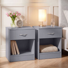 (Grey) Riano Bedside Table Set of 2, 1 Drawer Chest Nightstands with Open Shelf