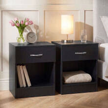 (Black) Riano Bedside Table Set of 2, 1 Drawer Chest Nightstands with Open Shelf