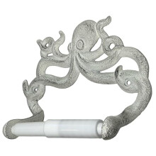 Octopus Toilet Paper Roll Holder – Cast Iron Decorative Wall Mount – Distressed Nautical Finish with Mounting Hardware (White Mist)