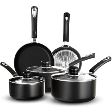 KICHLY Set of 5 Non-Stick Pots and Pans Cookware Suitable for Induction Hob with 20cm, 28cm Frying Pans and 20cm, 22cm Saucepans Set with Lids (Black)