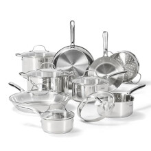T-FAL Gourmet 15-Piece Stainless Steel Cookware Pots & Cooking Set, Dishwasher Safe, Oven Safe to 260C, Induction Compatible, Sauce Pans, Silver