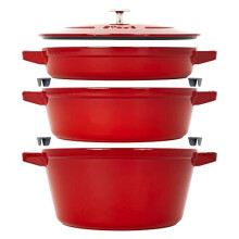 STAUB Cast Iron Cookware Set 4 Piece Stackable Space Saving Pot - Cast Iron Frying Pan - Cast Iron Grill Pan with Universal Lid - Made in France -