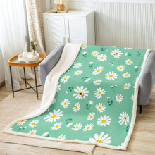 feelingyou Daisy Flowers Bed Blanket Kids Girls Daisy and Bee Sherpa Blanket Soft Cozy Lightweight Green and White Plush Fleece Spring Floral Blanket