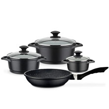 GSW Gourmet Granite Saucepan Set of 7, 9.4L Cast Aluminium, Multi-layer Non-stick Coating, Includes 3 Pots and 1 Frying Pan, Induction & Oven Safe,