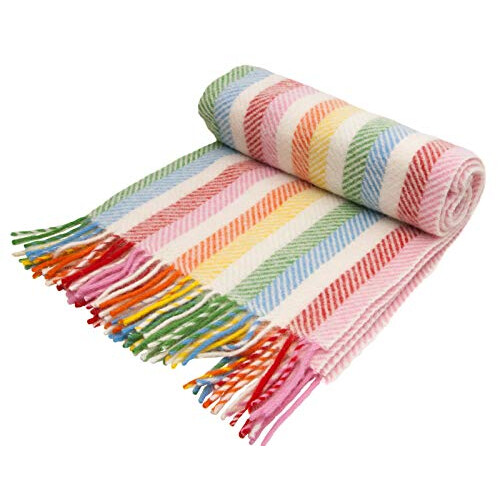 Rainbow Stripe Cream Knee Rug British Made Pure New Wool Throw