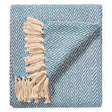 ETHNICITI Turquoise Herringbone Chevron Recycled Cotton Woven Throw Sofa Bedspread for Settee Armchair Fringe Blanket Picnic Mat - 130x180cm
