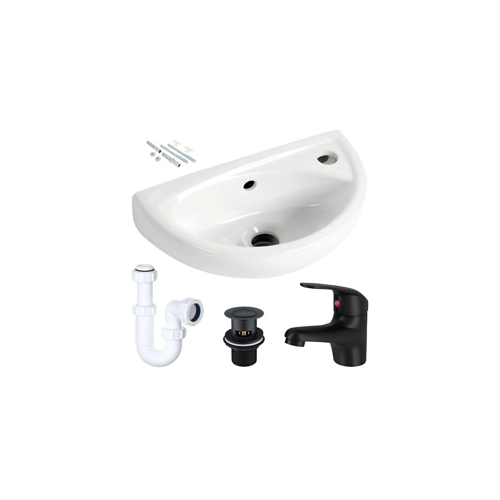 Small Compact Wall Hung Bathroom Basin Sink with Matt Black Tap, Waste & P-Trap - Image 2