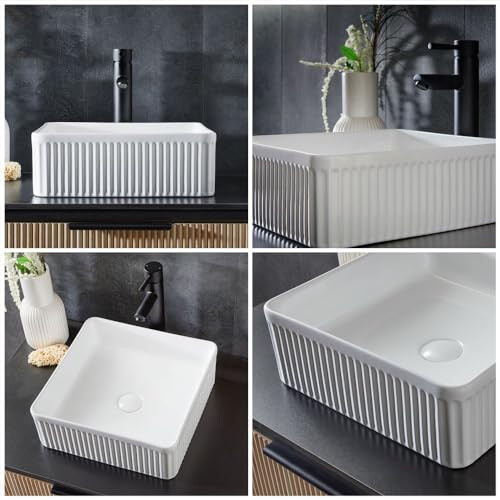 Milano MILANO White Ceramic Square Fluted Countertop Bathroom Basin Sink 380mm 2