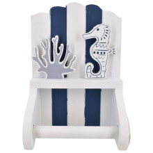 Nautical Toilet Roll Holder | 21cm Blue & White Wooden Wall Mounted Coastal Bathroom Loo Roll Holder with Seahorse & Coral Design