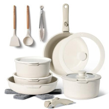 18 Piece Nonstick Cookware Set - Pots and Frying Pan with Removable Handle - Suitable for Induction - PFOA Free - Easy Hand Wash (Beige)