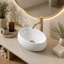 Modern White Ceramic Fluted Countertop Vanity Bathroom Basin Sink (Gloss White, Egg Oval (475x340) mm)