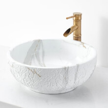 NATURFLAIR Bathroom Basin Sink, Counter Top Jazz White Marbling Cloakroom Ceramic Basin for Bathroom, Lavatory, Vanity Cabinet, Toilet (Round 420 x