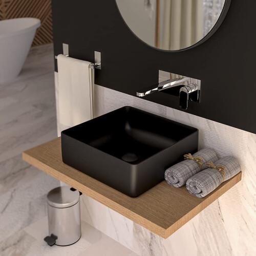 ERCOS Square Ceramic Countertop Basin, Bathroom Basin, Matt Black, Without Overflow, Dimensions 416 x 416 mm 1