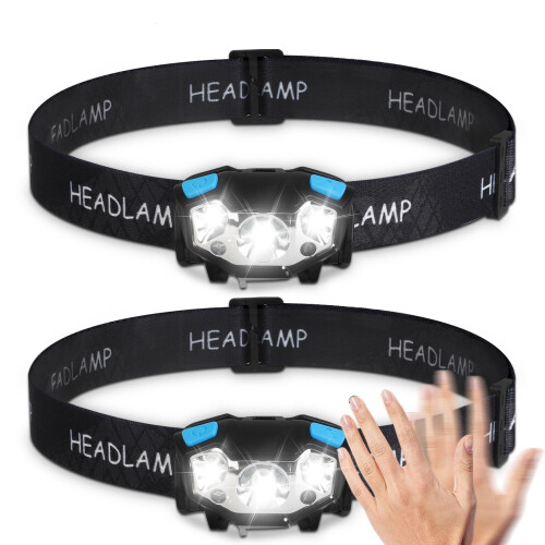 2 pcs LED Headlamp, Rechargeable Flashlight with 5 Modes Dual Switch, Waterproof Headlight for Camping Hiking Lighting