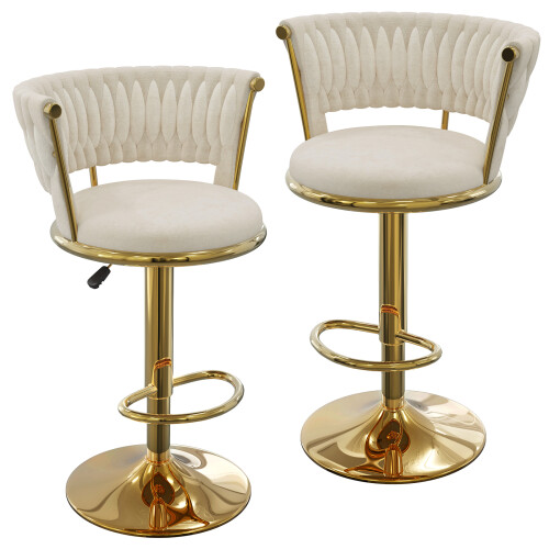 Set of 2 Swivel Bar Stools, Adjustable Height Velvet Bar Chairs with Gold Metal Base, for Home Bar Kitchen Gold and white