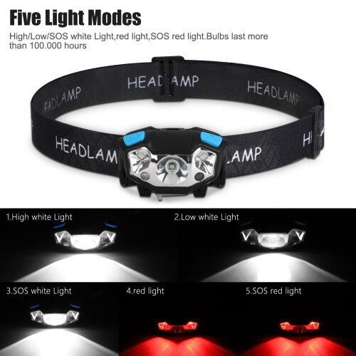 2 pcs LED Headlamp, Rechargeable Flashlight with 5 Modes Dual Switch, Waterproof Headlight for Camping Hiking Lighting 2