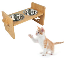 Bamboo Elevated Pet Feeder Pet Feeding Bowl with Adjustable Bracket Natural wood color